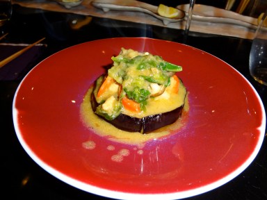 aubergine, foie gras et petits légumes